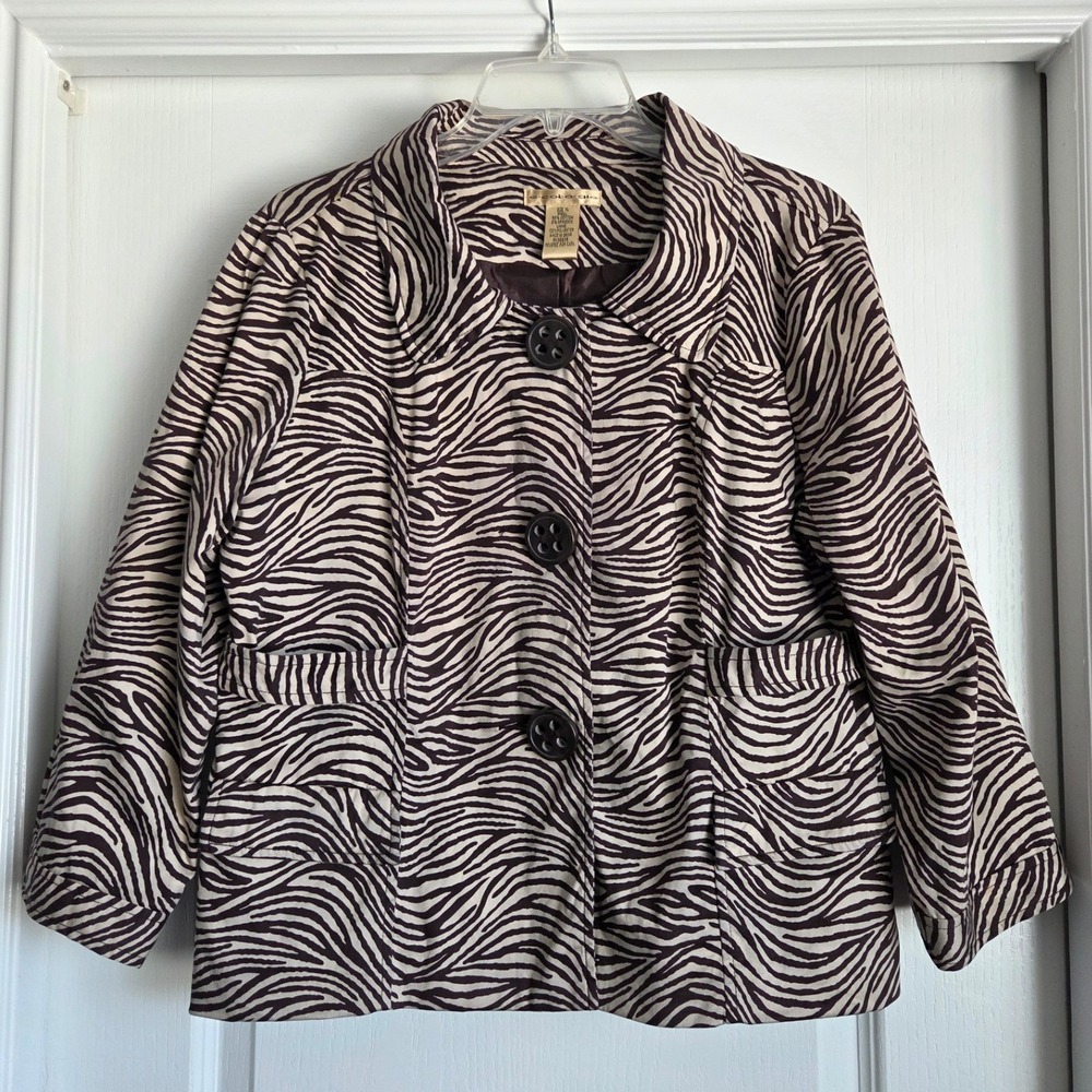 Ecologie Zebra Print Blazer Jacket‎ Brown Beige 3/4 Sleeve Lined Women Sz XL VTG